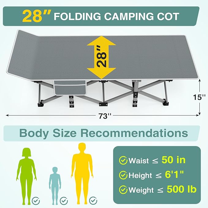 ZENPETIO Camping Cot for Adults - Heavy-Duty Cot Bed with Mattress, Portable Sleeping Cots for Outdoor Indoor, 1200D Oxford Folding Cots for Home Travel, Max Load 500LBS, Fits People up to 6'3", Gray