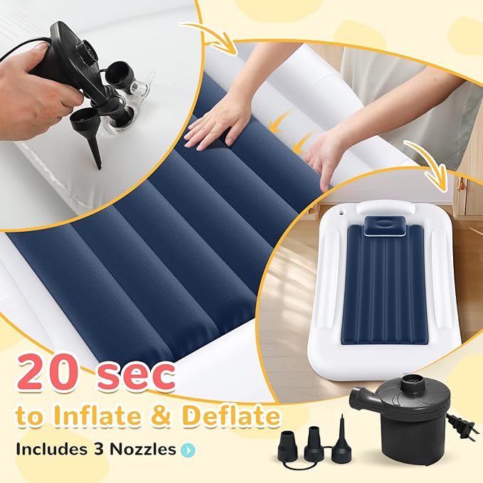 Inflatable Toddler Travel Bed - Portable Toddler Kids Travel Bed with Safety Sides Complete Kids Air Mattress Set with High-Speed Pump, Ideal for Vacation Camping and Sleepover (60 Inches)