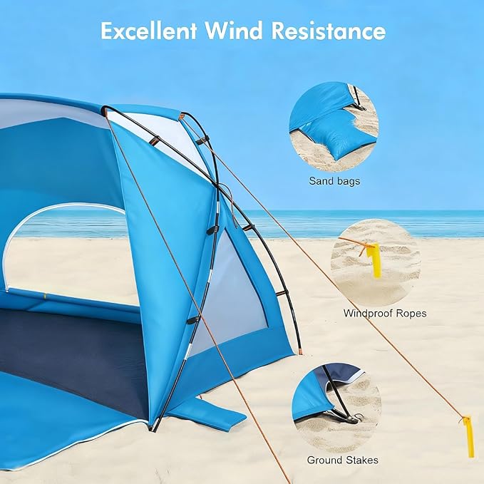 Beach Tent, Portable Sun Shelter for 2/3/4/6-8 Person with UPF 50+ UV Protection, Easy Setup Waterproof Beach Shade Canopy Cabana for Family Outdoor and Picnics, Fishing with Carrying Bag