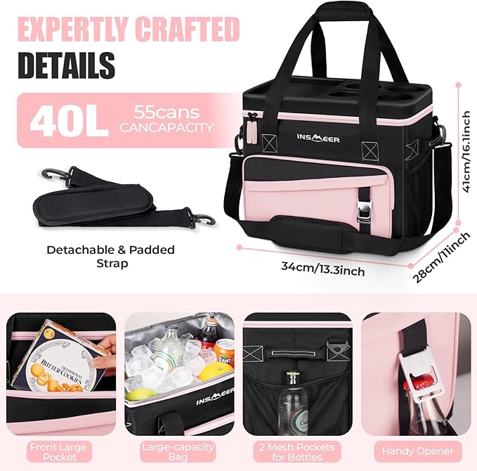 INSMEER Soft Cooler Bag with Hard Shell & 4 Cup Holders, 55 Cans 40L Collapsible Soft Sided Cooler, 100% Leakproof Insulated Cooler Bag Portable for Beach Travel Camping Picnic