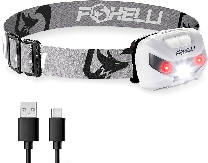 Foxelli USB-C Rechargeable LED Headlamp – Super Bright, Lightweight Head Lamp for Running, Camping, Hiking & Work – Comfortable Fit for Adults & Kids