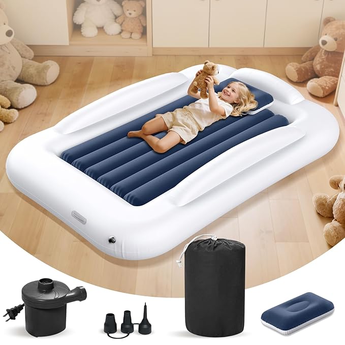 Inflatable Toddler Travel Bed - Portable Toddler Kids Travel Bed with Safety Sides Complete Kids Air Mattress Set with High-Speed Pump, Ideal for Vacation Camping and Sleepover (60 Inches)