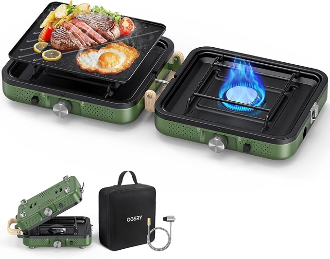 OGERY 2-Burner Foldable Camping Stove with Griddle (Textured & Smooth) and Carrying Bag, Portable Propane Camp Stove with 2 Adjustable Burners & Piezo Ignition, for Camping Tailgating Essentials Gear