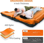 Double Sleeping Pad for Camping, 4" Extra Thick Self-Inflating Air Mattress - 2 Person Inflatable Camping Mat with Built-in Foot Pump & Pillow, Backpacking Hiking Tent Travel-Orange