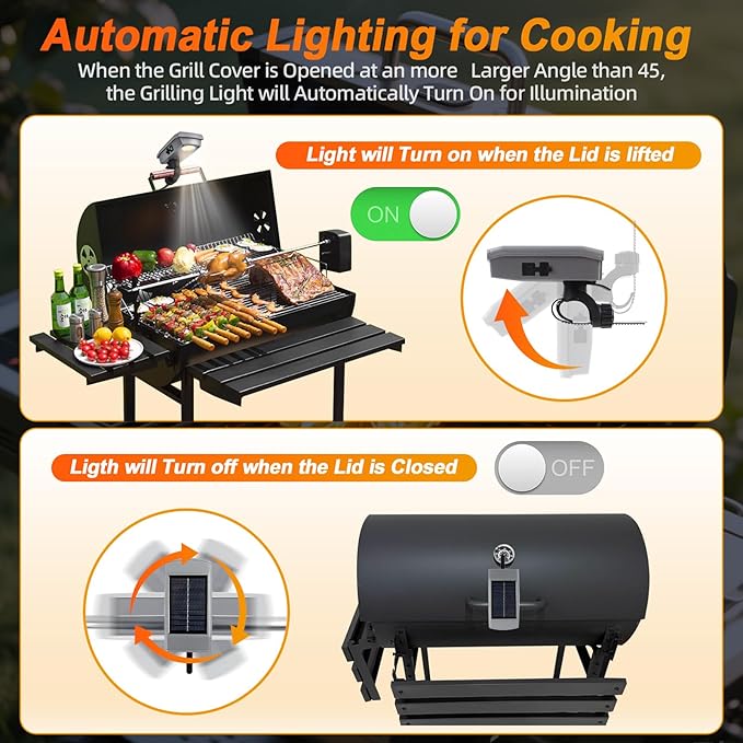 Grill Lights for Outdoor Grill with USB-C & Solor Rechargeable Battery,2-Level Brightness and 360° Rotatable Head, LED Grill Light for Griddle Accessories, LED Grilling Gifts or Camping Light