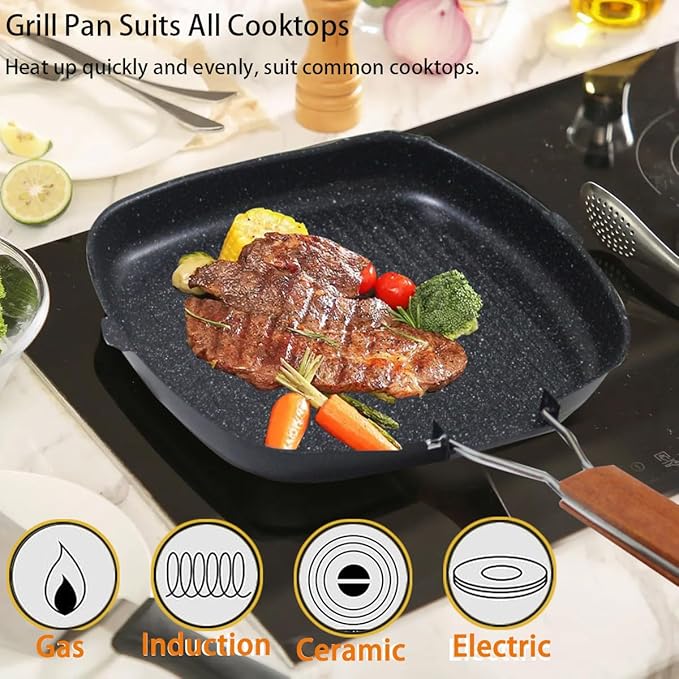 Nonstick Grill Pan with Folding Handle, 11in/ 28cm Lightweight Grill Pan for Stove Tops, 1.76lbs Versatile Griddle Pans with Pour Spouts, Square Grilling Skillet Steak Pan for Indoor Outdoor Camping
