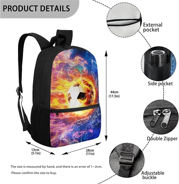 Football School Backpack 17 Inch with Lunch Box and Water Bottle Bag Large Capacity Pencil Case Lightweight Teen Bookbag for Boys Ages 8-16 Kindergarten Elementary Middle Camping Travel