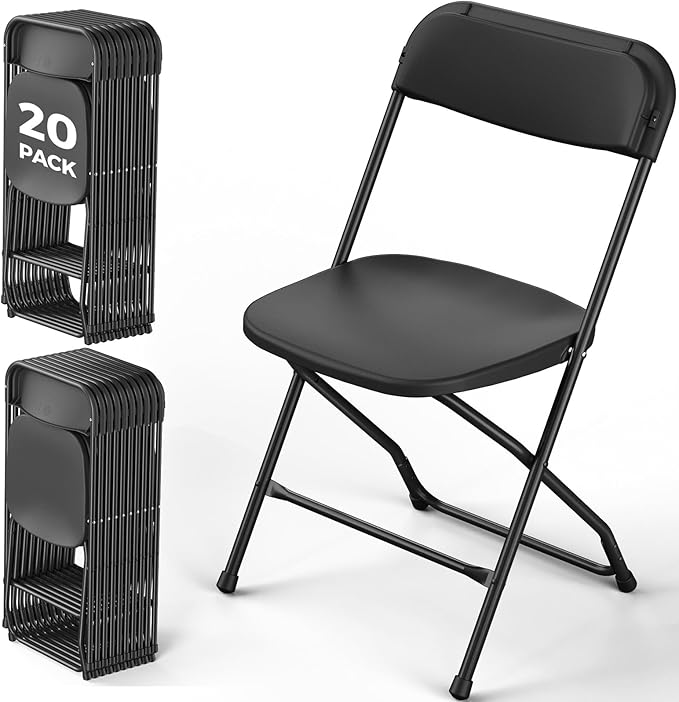 Folding Chairs 20 Pack, Plastic Folding Chairs for Outside, Heavy Duty Foldable Chairs, Sturdy Metal Folding Chairs, 350 lbs Capacity, for Patio, Garden, Camping, Black