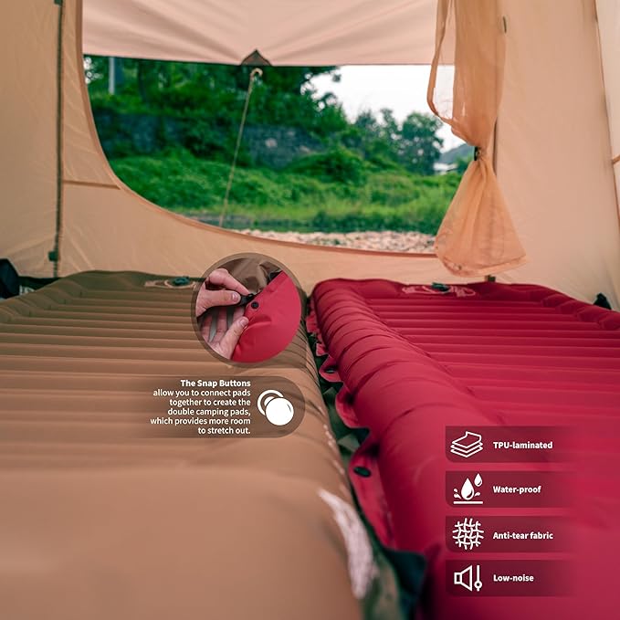ZOOOBELIVES Camping Sleeping Pad with Built-in Pump & Pillow, 5-Inch Thick, 27-Inch Wide, Ultralight Inflatable Camp Mat with Snap Buttons, Compact for Hiking Backpacking and Travel - Airlite1901
