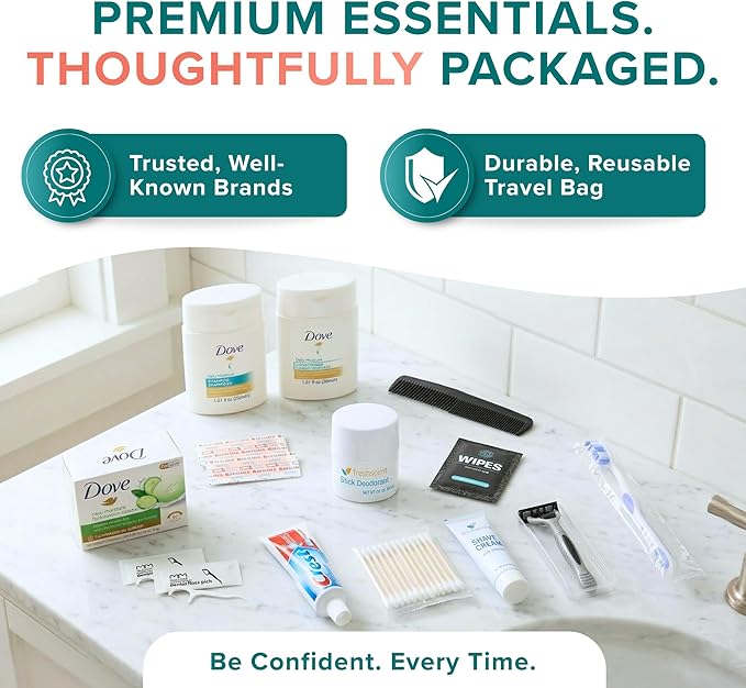TrekTote Complete 15 Piece Unisex Travel Hygiene Kit with Toiletries & Personal Care Essentials, TSA-Compliant, Individually Packaged in Clear Bag, Single or Bulk Packs