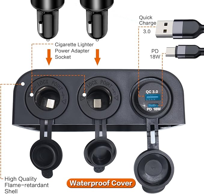 12-24 V 3 Hole Tent Type Car Modification Sockets Dual Female Power Outlet Adapter QC3.0 USB PD 18W Type-C Car Quick Charge Interface Outlet for Car Marine Boat