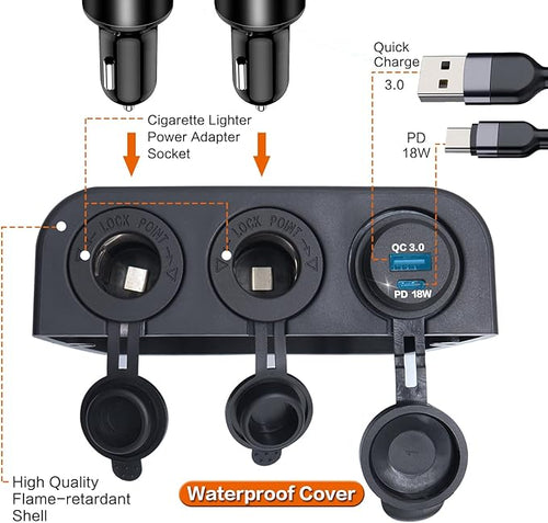 12-24 V 3 Hole Tent Type Car Modification Sockets Dual Female Power Outlet Adapter QC3.0 USB PD 18W Type-C Car Quick Charge Interface Outlet for Car Marine Boat
