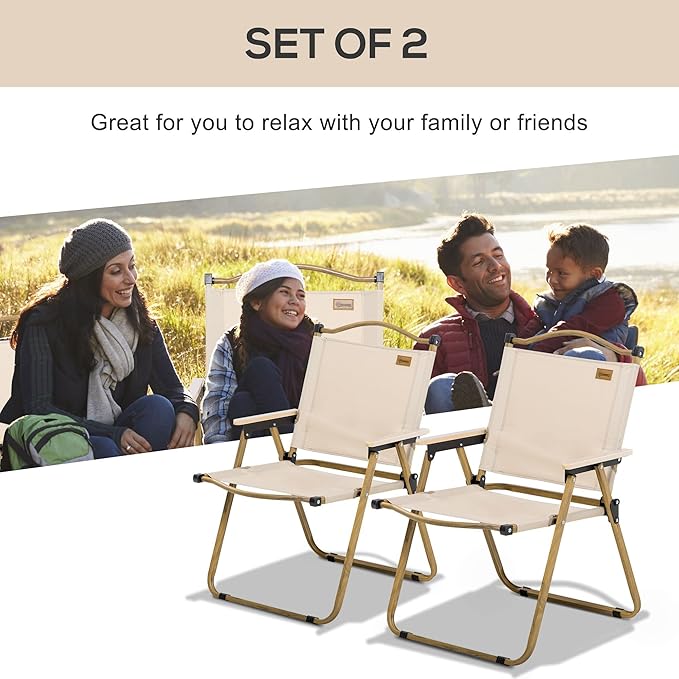 Outsunny 2 Pack Folding Camping Chair, Lightweight & Portable Beach Chairs Armchairs, Perfect for Festivals, Fishing, Picnic and Hiking, Khaki