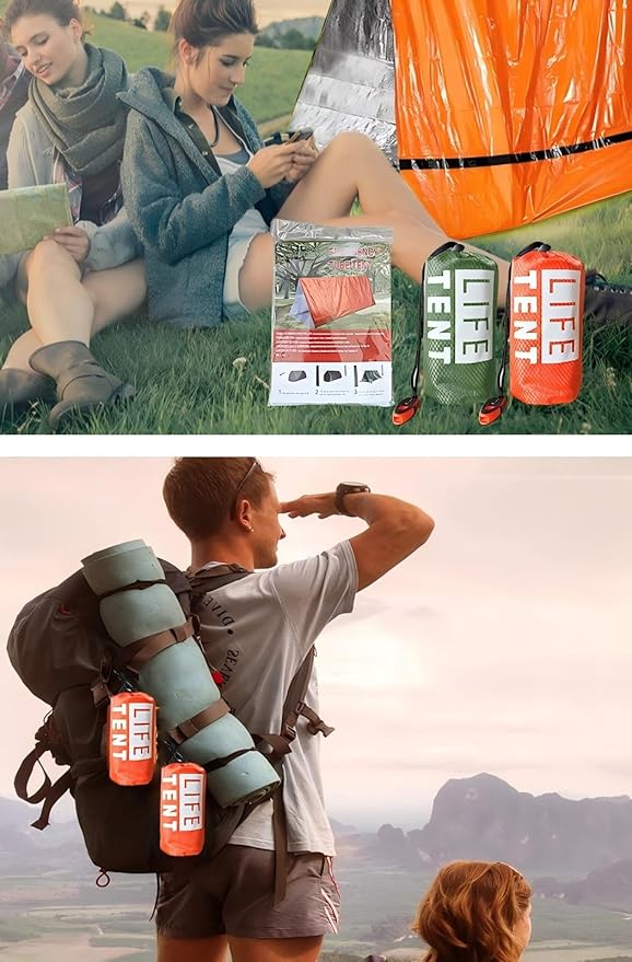Emergency Survival Tent Kit - 2-Person Mylar Thermal Shelter, Waterproof Windproof Reusable Tube Tent with Whistle & Paracord, Compact Lightweight for Camping, Hiking, Emergency Prep