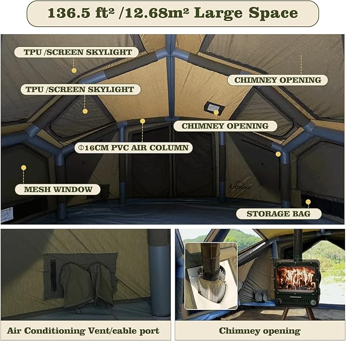 Coody Inflatable Canvas Camping Tents with Stove Jack – Premium Air Beam Family Glamping Tent, Breathable Cotton Canvas, Fast Setup Air Tent with Pump