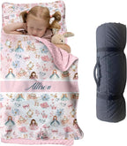 Personalized Toddler Nap Mat for Preschool, Custom Name Kids Sleeping Bag for Daycare, Kindergarten Roll Up Sleeping Mat with Removable Pillow and Soft Blanket, Fun Themes for Boys & Girls