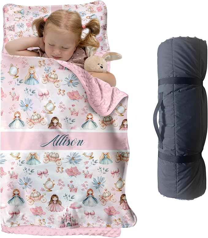 Personalized Toddler Nap Mat for Preschool, Custom Name Kids Sleeping Bag for Daycare, Kindergarten Roll Up Sleeping Mat with Removable Pillow and Soft Blanket, Fun Themes for Boys & Girls