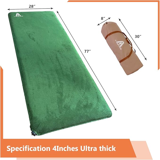 C·WILDYFIELD 4 INCH Thick Self Inflating Sleeping Pad with 9 R Value, Foam Camping Mattress, Ultra Thick Comfort Camping Mattress, Inflatable Foam Camping Pad, Portable Comfortable Sleeping Pad