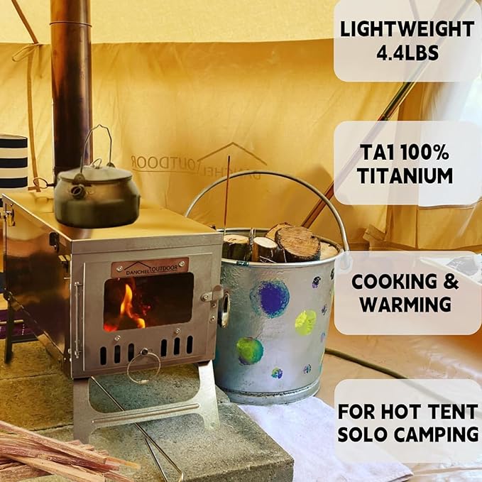 DANCHEL OUTDOOR Backpacking Hot Tent w/Stove Jack, Portable Tipi Tent with T6 Titanium Folding Wood Stove for 1-4 Person Winter Camping Hunting,3m/4m