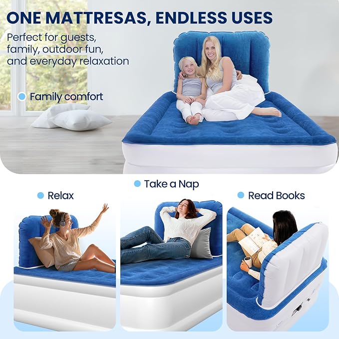Twin Air Mattress with Headboard, Built-in Pump, 19" Raised Comfort, 48-Hour Leak-Tested Durable PVC, Quiet Design, 2.5 Min Quick Inflation & Headboard, Blow Up Bed for Home and Guests , 600 lbs Max