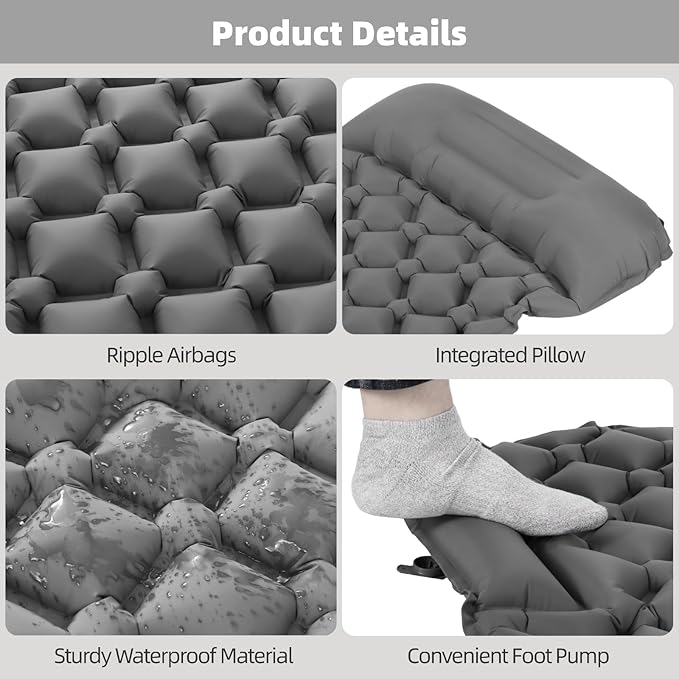 Inflatable Sleeping Pad with Pillow, 40D Nylon TPU Ultralight Sleeping Mat with Foot Press for Camping, Backpacking, Hiking, Inflated 74.8 x 22.8 x 2 in
