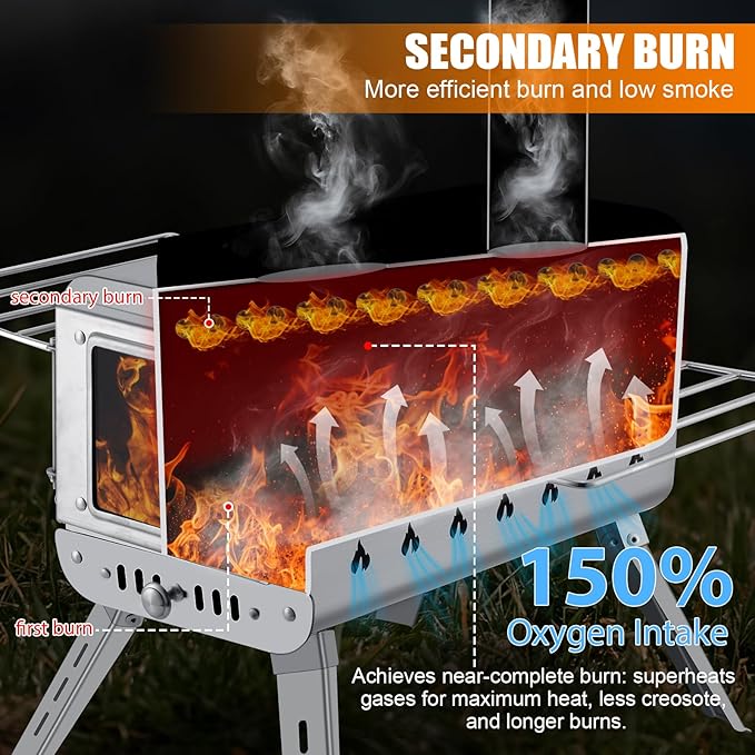 CHANGE MOORE Hot Tent Stove, Secondary Burn Design - Improve Combustion Efficiency, Portable Wood Burning Tent Stove w/Chimney Pipe & Anti-scalding Cloth, for Outdoor Camping, Hunting, Ice Fishing