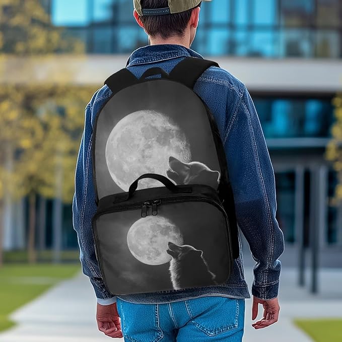Moon Wolf Backpack for Men Cool Bookbag with Lunch Bag Large Capacity School Bag with Detachable Lunch Box for College Travel Camping Casual Book Bag
