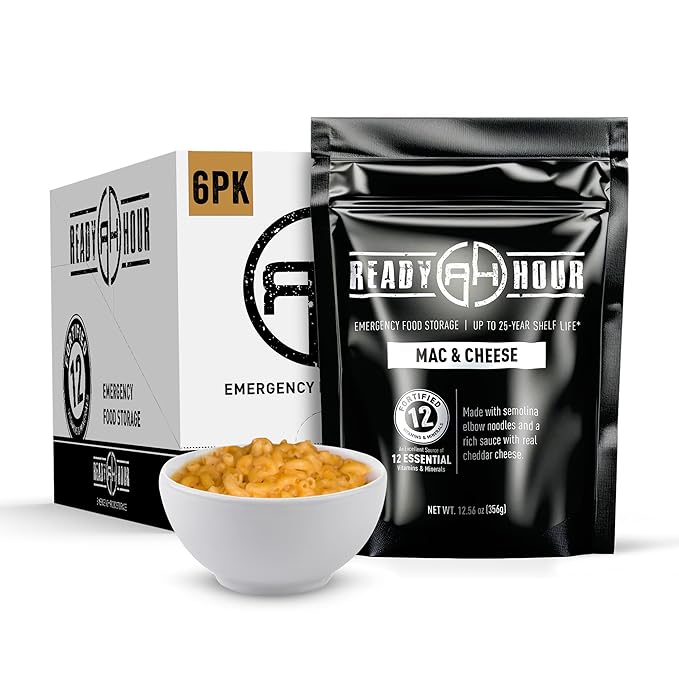 Ready Hour Mac and Cheese Case Pack (24 Servings), Freeze-Dried, Mac and Cheese Bulk, Survival Emergency and Real Non-Perishable Food, Long-Term Storage Food, 25-Year Shelf Life