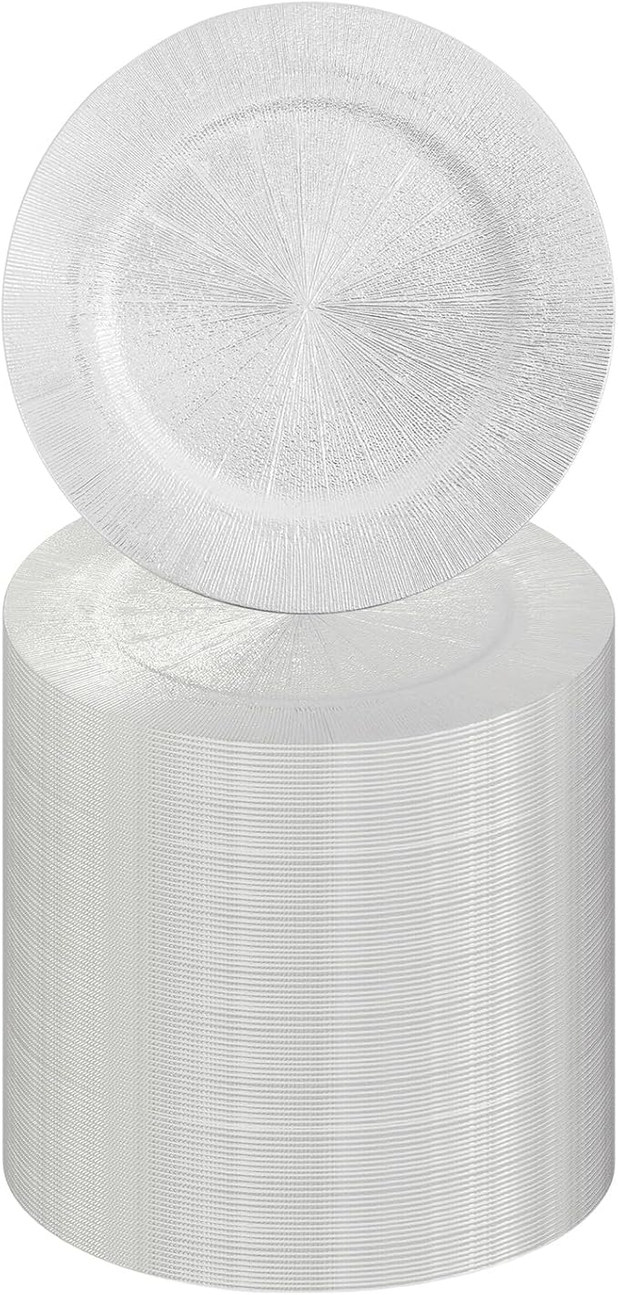 100 PCS Charger Plates Bulk, 13 Inch Decorative Round Dinner Plates, Plastic Dinner Chargers Bulk Serving Plate for Birthday Parties, Holidays, Weddings (Silver)