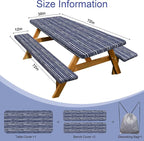 Picnic Table Cover with Bench Covers Camping Essentials Waterproof Windproof Camping Tablecloth with Drawstring Bag, Fitted Rectangle Tables and Seats, 72in, Navy Blue Stripes