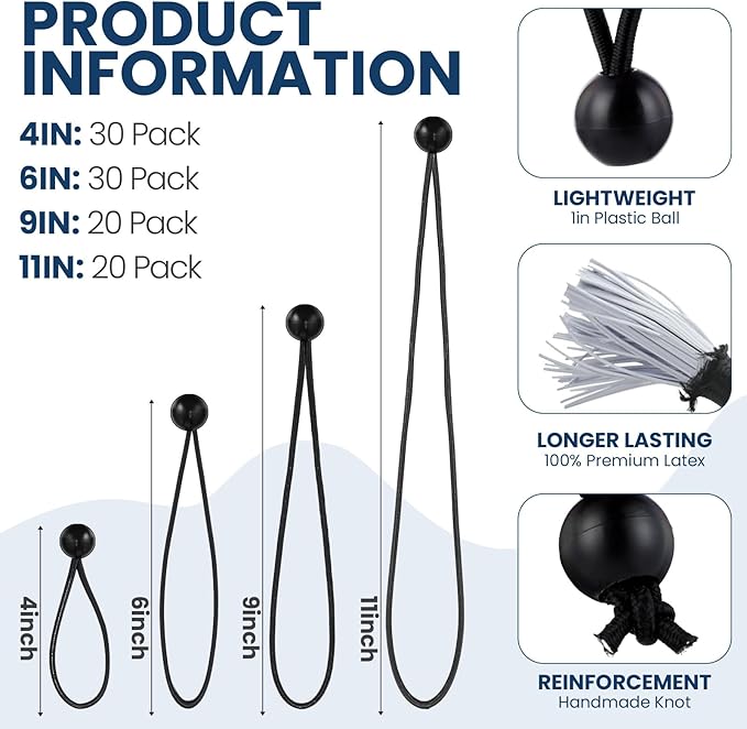 100 Pcs 4, 6, 9, 11 Inch Ball Bungee Cords Tarp Tie Downs Bungee Cords with Balls Heavy Duty Outdoor Tarp Straps for Canopy Shelter Camping Cargo Tent Poles UV Resistant (Black)