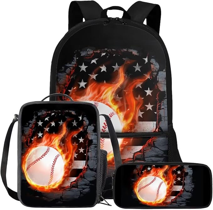 Rnyleeg Fire Baseball Backpack for Boys 6-8 Novelty Kids Bookbag Set with Lunch Bag Lightweight 3-Piece Book Bag Set for Elementary School Travel Backpack