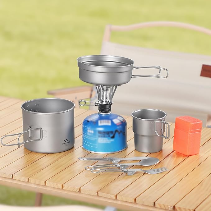 ZING TII Titanium Camping cookware Set, Camping Essentials，Camping Pot，Camping Gear，Camping pots and Pans Set with Pots, Cups，Pans，Tableware.