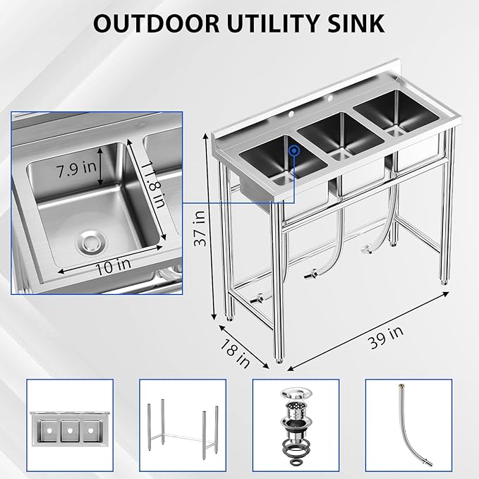 Zstar Stainless Steel Sink, 3-Compartment Freestanding Sink with Hot & Cold Hoses, Commercial Kitchen Utility Sink for Garage, Restaurant, Backyard for Indoor Outdoor (33in)