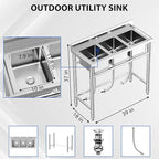 Zstar Stainless Steel Sink, 3-Compartment Freestanding Sink with Hot & Cold Hoses, Commercial Kitchen Utility Sink for Garage, Restaurant, Backyard for Indoor Outdoor (33in)