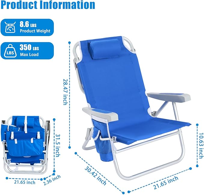 SUNNYFEEL Beach Chairs for Adults 2 Pack 5 Position Lay Flat, Portable Folding Backpack Beach Chair Heavy Duty with Cooler Bag, Cup Holder for Outdoor/Lawn/Picnic, Foldable Camping Chair