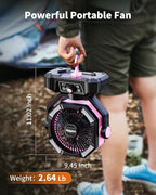 coldSky 𝟮𝟬𝟬𝟬𝟬𝗺𝗔𝗵 Camping Fan with Dual Motor, Battery Operated Fan with 4 LED Lantern, 8 Speeds Desk Fan with Remote, Portable Outdoor Fan with Hook for Tent, Power Outages, Jobsite (Pink)