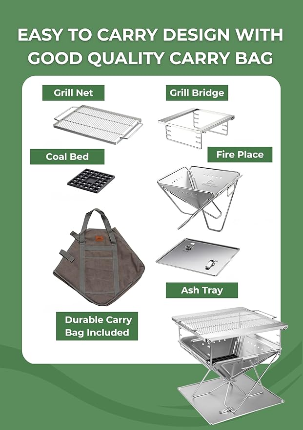CAMPINGMOON 3 in1 Flatpack Portable Fire Pit Grill 16 inch Heavy Duty Stainless Steel Wood Burning Camping Stove Adjustable Height Backyard Outdoor Cooking RV Trips Carry Bag included MT-055