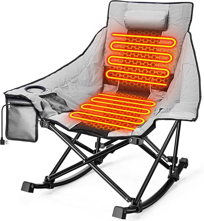 Slendor Heated Camping Chair, Oversized Heated Rocking Chair with Padded Pillow, 3 Adjustable Heat Settings Portable Folding Chair for Outdoor & Indoor Use, Gray, NO Power Bank