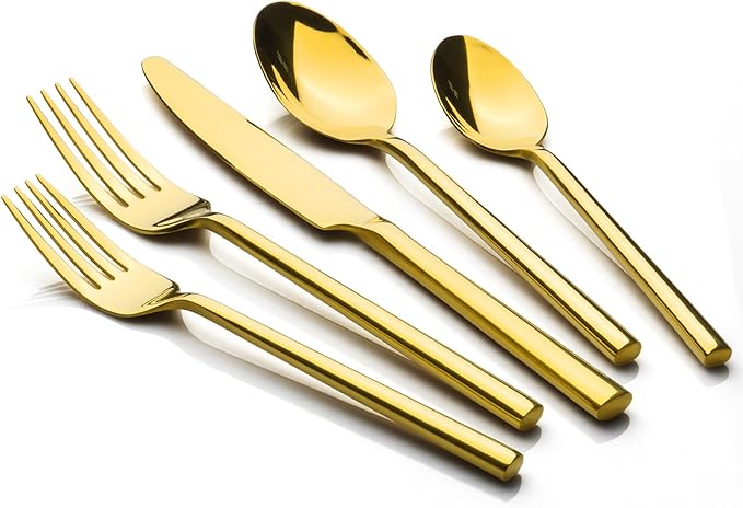 Alata Potter Gold 20-Piece Forged Silverware Set with Utensil-Serving Set, Service for 4, Stainless Steel Flatware Set, Modern Design with Mirror Finish, Ideal for Home, Kitchen, Party, Camping