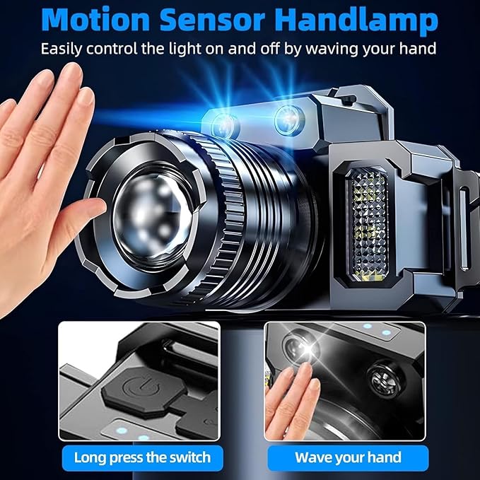 Headlamp Rechargeable Head Lamp LED, Super Bright Motion Sensor Head Light with Red/White/Blue Light, Waterproof Adults Forehead Flashlight Headlight for Camping, Running, Hiking, Fishing