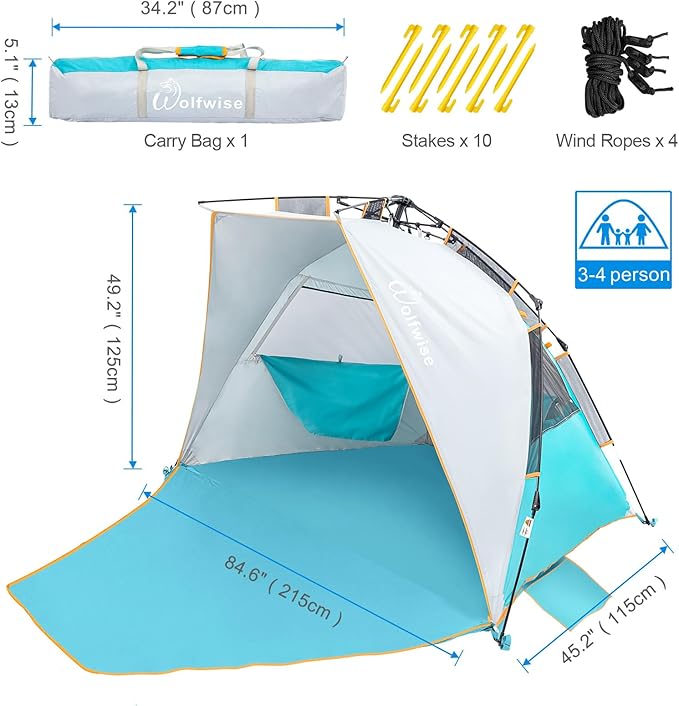 WolfWise 3-4 Person Beach Tent with UPF 50+ Sun Protection, Portable Ventilated Beach Shade Canopy with Extended Porch, Easy Setup & Windproof Design, Blue