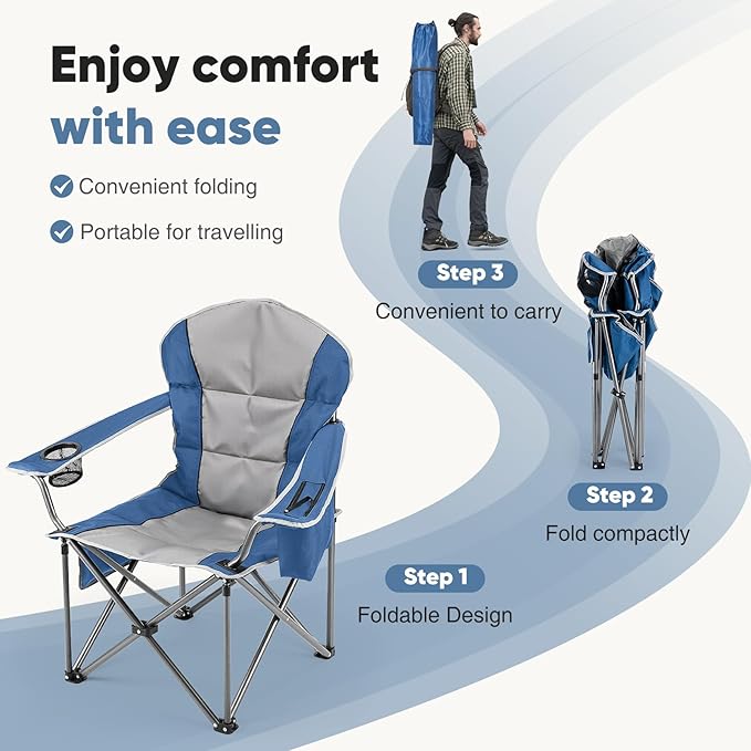 DUMOS Folding Camping Chairs, Outdoor Collapsible Padded Chairs with Cup Holder & Cooler Bag, Heavy Duty Portable Camping Chair for Garden Beach Fishing Sports, Blue