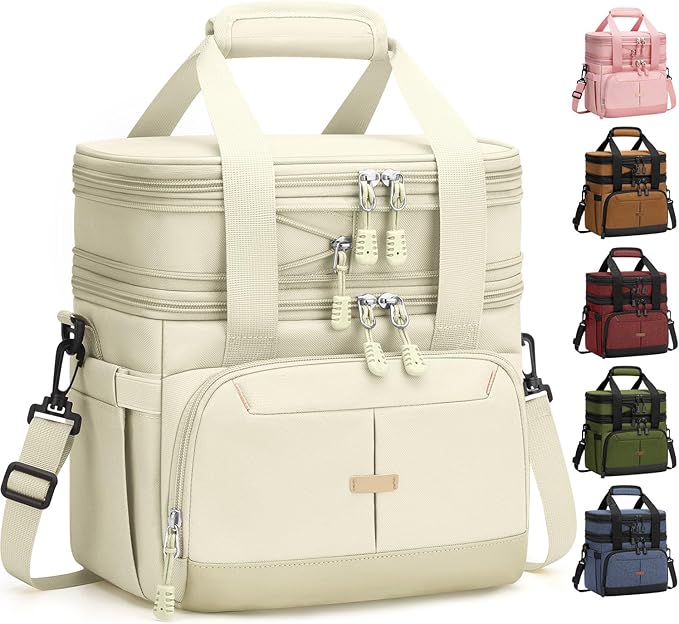 Lunch Box For Men Women Double Deck Insulated Lunch Bag For Men Woman Leakproof Expandable Cooler Bag with Adjustable Shoulder Strap for Work Shool Picnic(Beige,Medium)