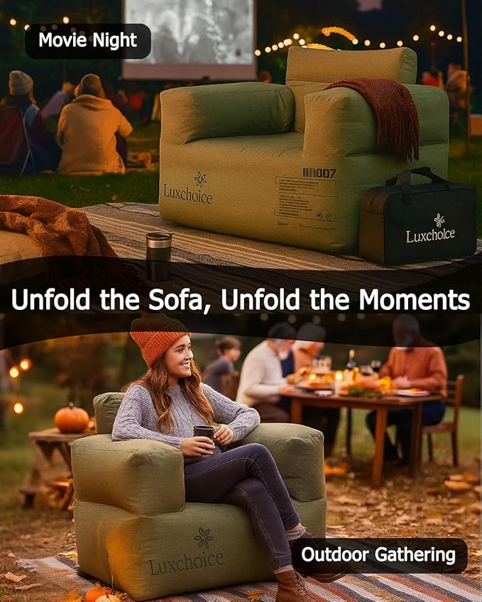 Inflatable Couch with Built-in Cordless Rechargeable Pump Durable Blow Up Sofa Chair Portable Camping Couch Waterproof Inflatable Furniture for Outdoor Beach Home Festivals Backyard Party | Cordless Air Pump, Durable Fabric, Puncture Resistant, Easy In...