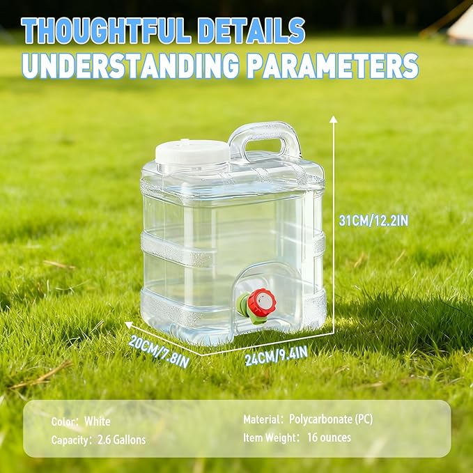 2.6 Gallon Water Jug, 10L Portable Water Container with Spigot, Cleaning Brush, Detachable Hose, BPA-Free Camping Hydration Canteen, Outdoor Tank Storage PC- Clear