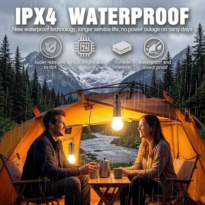 4 Pack Led Camping Lantern Solar Rechargeable,Outdoor Tent Lights for Camping Essentials, Hanging Light Bulbs with Clip Hook Camping Flashlight