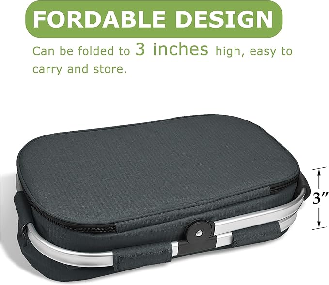 Tirrinia Large Insulated Picnic Basket, 34L Water-Resistant & Leakproof Collapsible Portable Cooler Basket with Aluminium Handle for Travel, Shopping, Camping, Foldable Grocery Bag, Grey