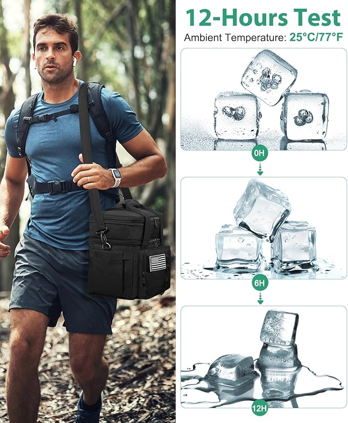 Tactical Lunch Box for Men, Large Insulated Lunch Bag for Adult, Heavy Duty Double Deck Expandable Lunch Cooler Bag with American Flag, Leakproof Soft Lunch Pail for Work Office Camping - Black