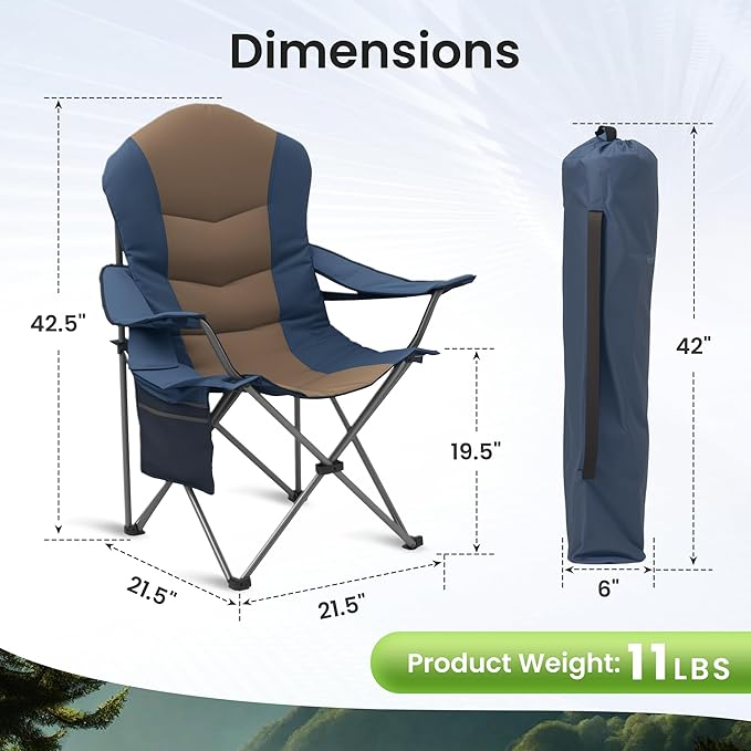 2 Pack Folding Camping Chairs for Adults - High Back Padded Outdoor Lawn Chairs with Lumbar Support & Cup Holder, 400lbs Heavy Duty Portable Camping Chairs Set (Light Blue & Brown, 2 PCS)